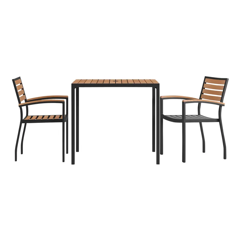 Flash Furniture Lark 35 1/4" x 35 1/4" Square Natural Faux Teak Slat Standard Height Table Set with 2 Stackable Arm Chairs Trending