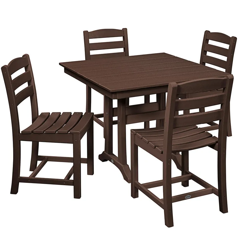 Price Cut POLYWOOD La Casa Cafe 37" x 37" Mahogany Farmhouse Trestle 5-Piece Side Chair Dining Set