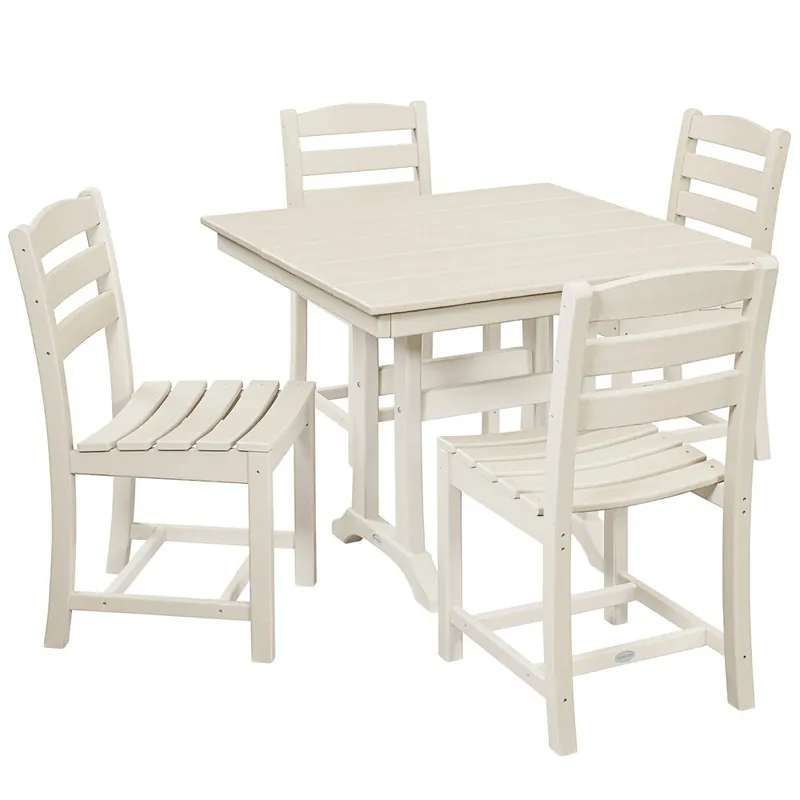 Latest POLYWOOD La Casa Cafe 37" x 37" Sand Farmhouse Trestle 5-Piece Side Chair Dining Set