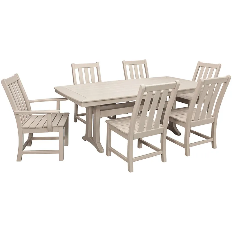 POLYWOOD Vineyard 7-Piece Sand Dining Set with Nautical Trestle Table, 2 Arm Chairs, and 4 Side Chairs Grab Now