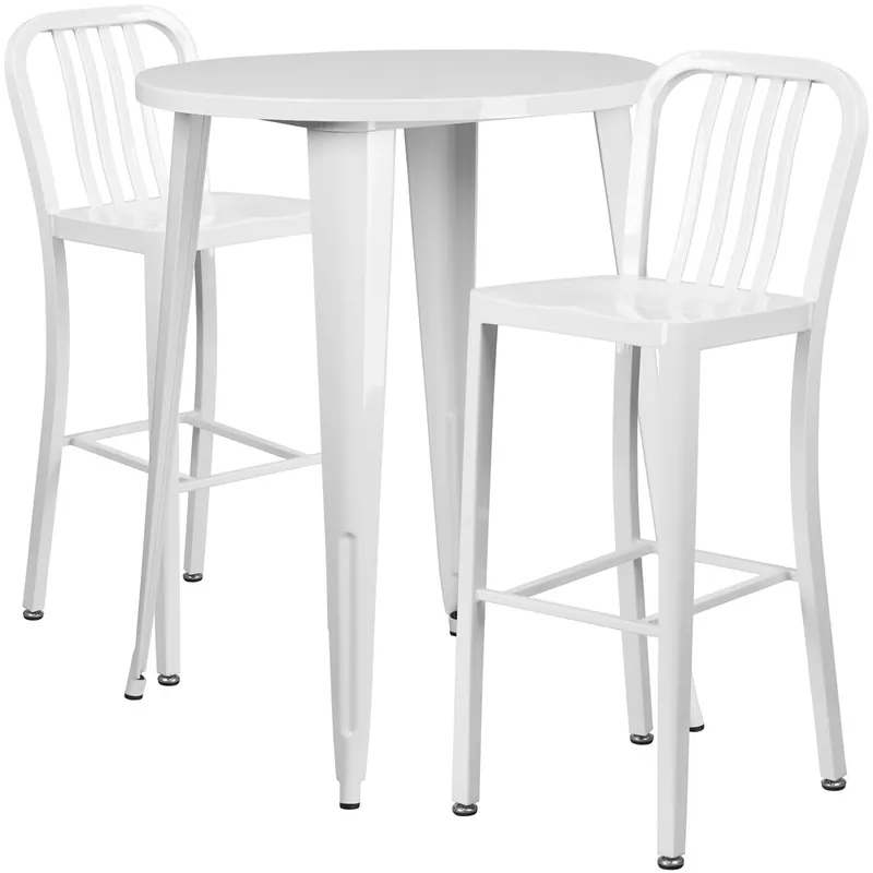 Flash Furniture CH-51090BH-2-30VRT-WH-GG 30" Round White Metal Indoor / Outdoor Bar Height Table with 2 Vertical Slat Back Stools Luxury