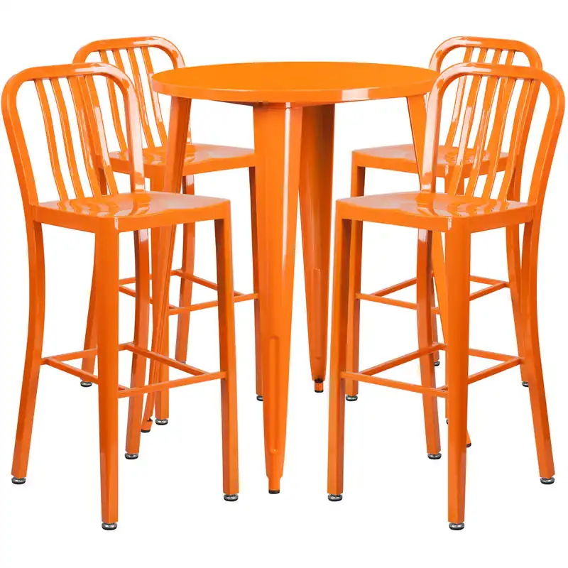 Flash Furniture CH-51090BH-4-30VRT-OR-GG 30" Round Orange Metal Indoor / Outdoor Bar Height Table with 4 Vertical Slat Back Stools Best Price