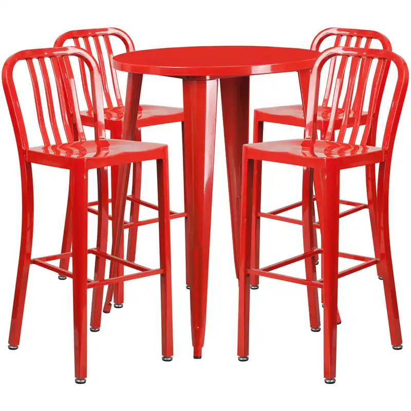 Flash Furniture CH-51090BH-4-30VRT-RED-GG 30" Round Red Metal Indoor / Outdoor Bar Height Table with 4 Vertical Slat Back Stools Final Sale