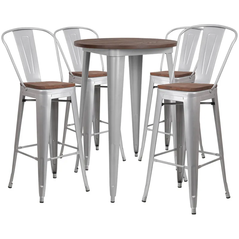 Flash Furniture CH-WD-TBCH-11-GG 30" Round Rustic Galvanized Steel and Wood Bar Height Table with 4 Barstools Direct From Manufacturer
