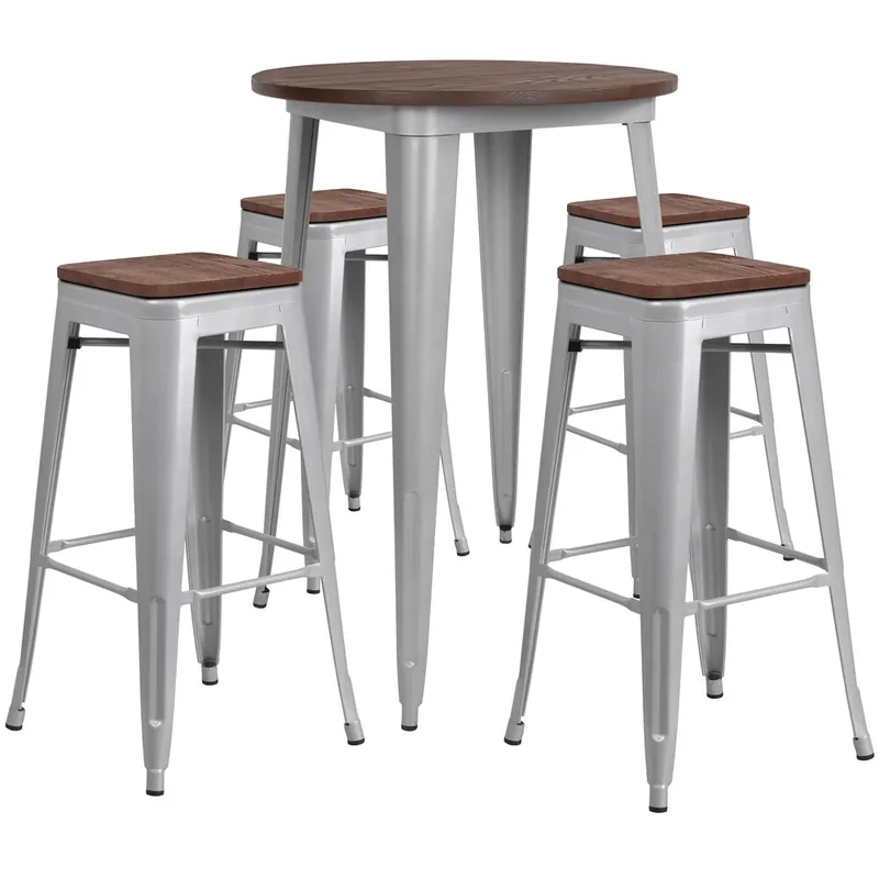 Sale Flash Furniture CH-WD-TBCH-12-GG 30" Round Rustic Galvanized Steel and Wood Bar Height Table with 4 Backless Stools