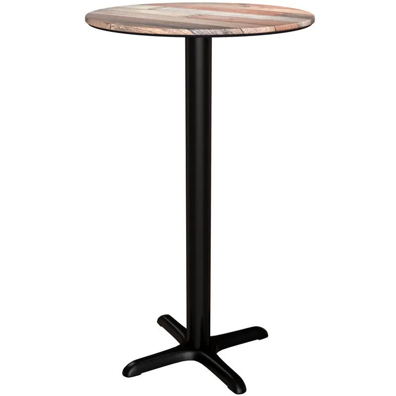 Lancaster Table & Seating Excalibur 32" Round Bar Height Table with Textured Mixed Plank Finish and Cross Base Plate Fresh Stock
