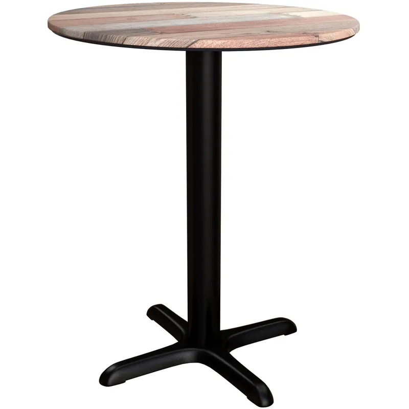 Lancaster Table & Seating Excalibur 32" Round Standard Height Table with Textured Mixed Plank Finish and Cross Base Plate Limited Offer