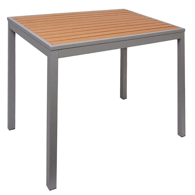 New Release BFM Seating Longport 35" Square Silver Aluminum Bolt-Down Standard Height Table with Synthetic Teak Top