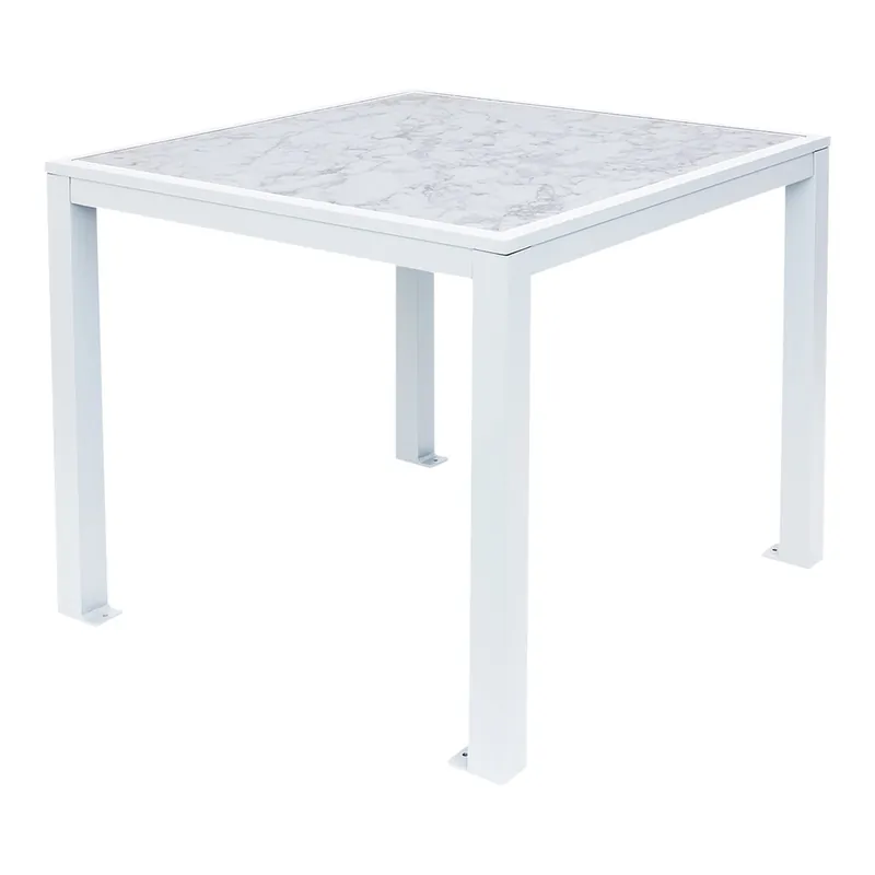 BFM Seating Surf 32" Square White Aluminum Bolt-Down Carrara Top Standard Height Table Premium