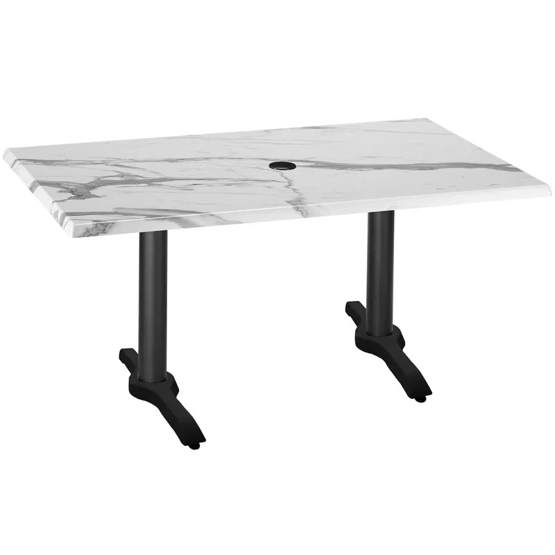 Holland Bar Stool OD211EB-30BWOD3048WMU 30" x 48" White Faux Marble Laminate Outdoor / Indoor Standard Height Table with End Column Base and Umbrella Hole Mega Sale