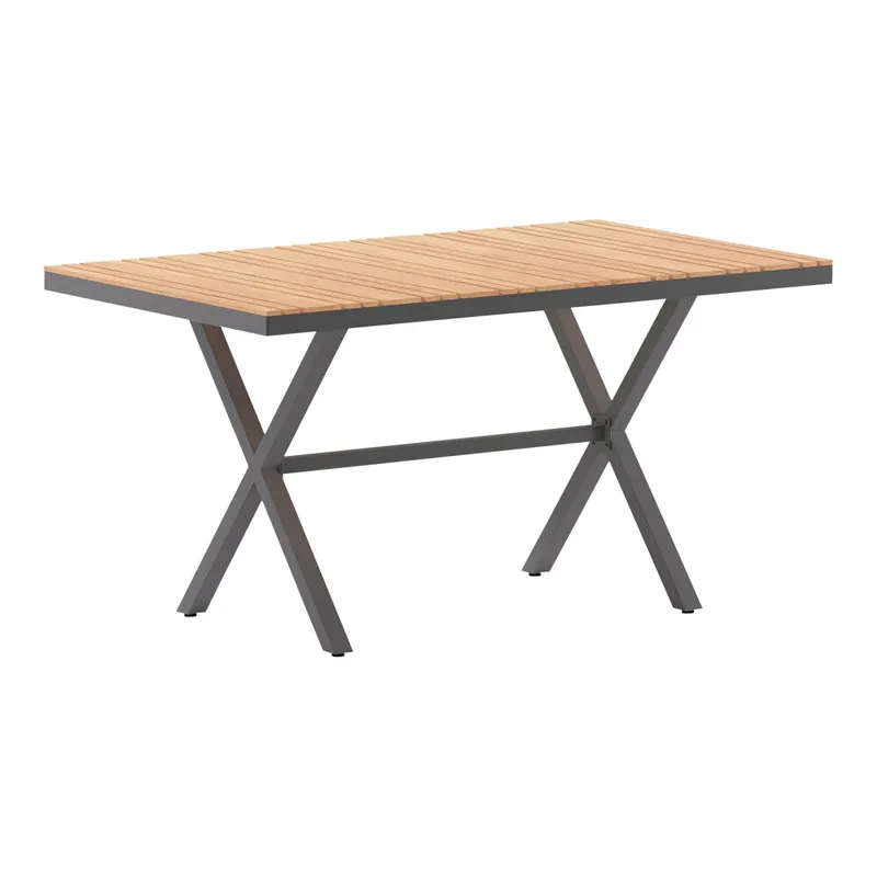 Trending Flash Furniture Finch 35 1/2" x 59" Rectangular Natural Faux Teak Indoor / Outdoor Standard Height Table with Gray Metal X-Frame
