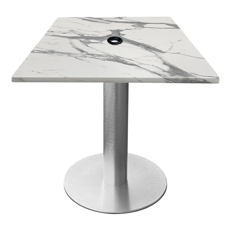 Holland Bar Stool EnduroTop 30" x 30" Square White Faux Marble Indoor / Outdoor Standard Height Table with Umbrella Hole and Brushed Aluminum Base Seasonal Sale