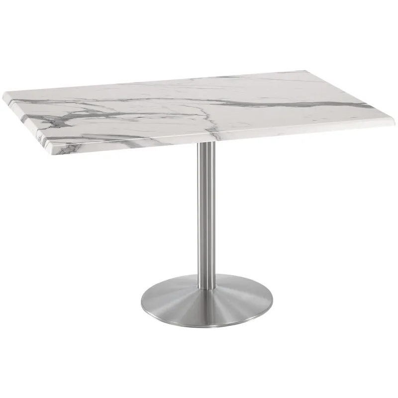 Trusted Brand Holland Bar Stool OD214-2236SSOD3048WM 30" x 48" White Faux Marble Laminate Outdoor / Indoor Counter Height Table with Stainless Steel Round Base