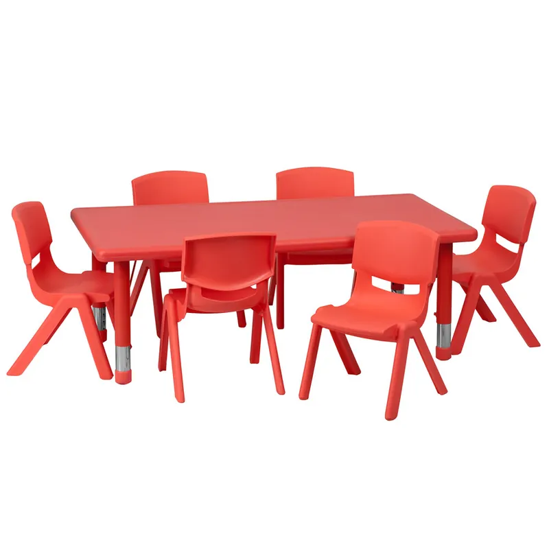 Fast Shipping Flash Furniture Emmy 14 1/2"-23 3/4" Adjustable Height Rectangular Red Plastic Classroom Activity Table with (6) 10 1/2" Chairs
