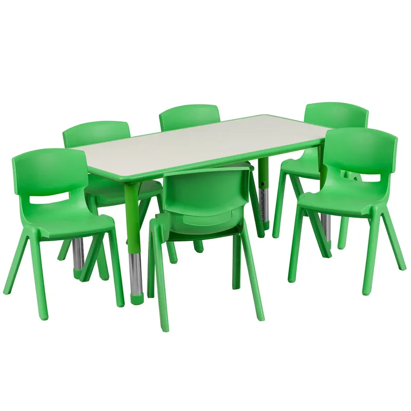 Flash Furniture YU-YCY-060-0036-RECT-TBL-GREEN-GG 23 5/8" x 47 1/4" Green Plastic Rectangular Adjustable Height Activity Table with Six Chairs Original