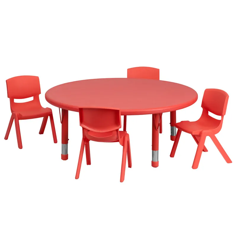Brand New Flash Furniture Emmy 14 1/2"-23 3/4" Adjustable Height 45" Round Red Plastic Classroom Activity Table with (4) 10 1/2" Chairs