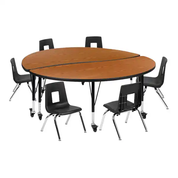 In Demand Flash Furniture Emmy 17"-25" Adjustable Height Circle Wave Oak / Black Laminate Mobile Nesting Activity Tables with (6) 12" Chairs