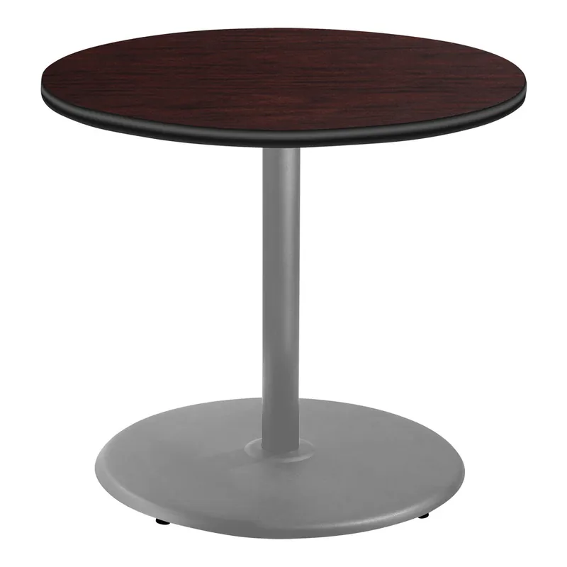 National Public Seating 30" Round Mahogany Standard Height Cafe Table with Particleboard Core, Round Base, and Gray Frame Budget