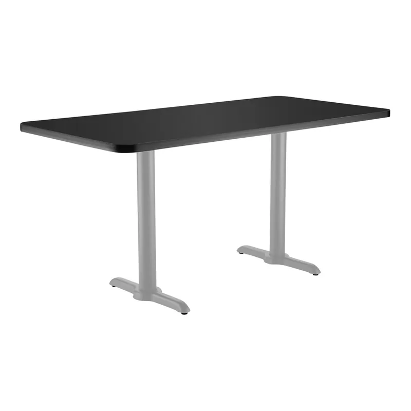 National Public Seating 30" x 72" Black Standard Height Cafe Table with Particleboard Core, T Base, and Gray Frame Latest