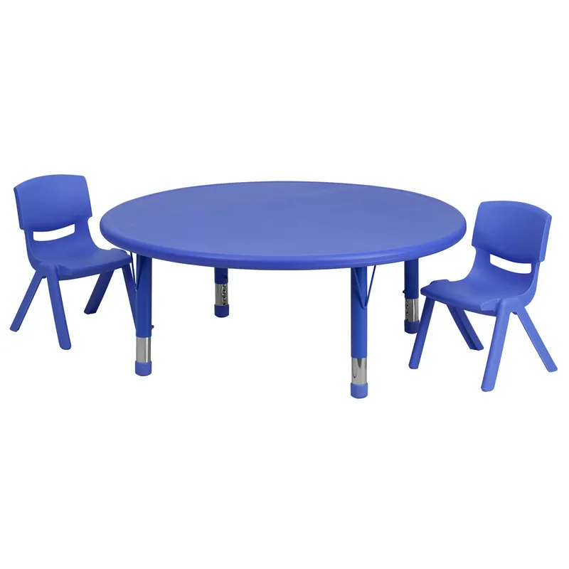 Flash Furniture YU-YCX-0053-2-ROUND-TBL-BLUE-R-GG 45" Blue Plastic Round Adjustable Height Activity Table with Two Chairs Bargain