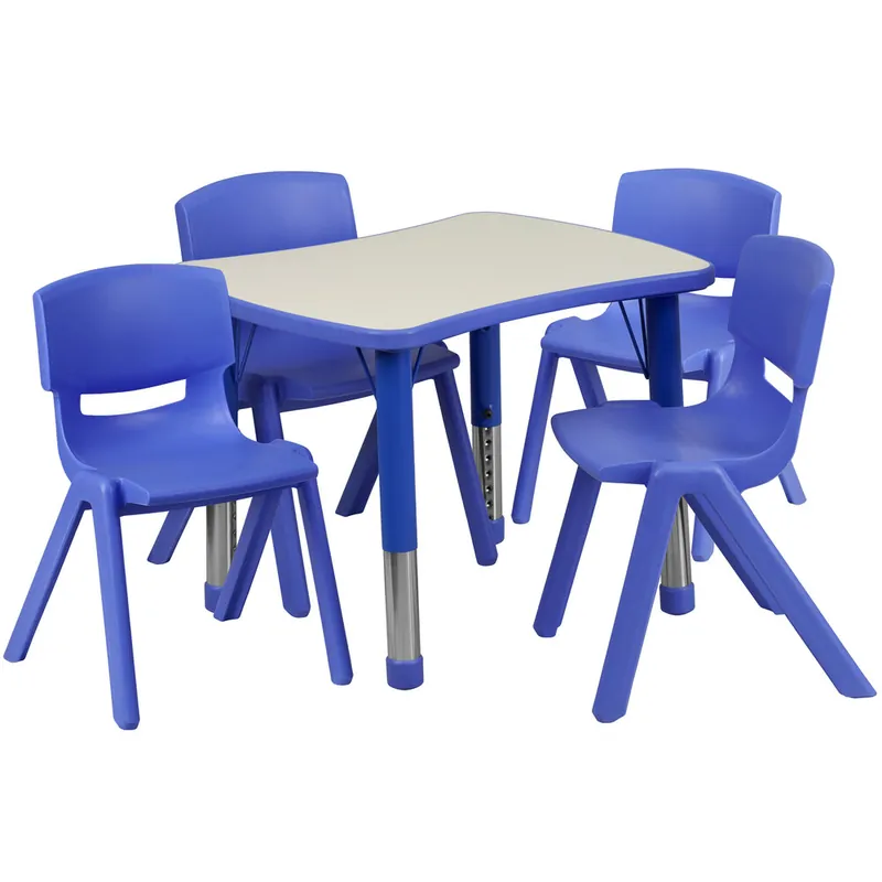Flash Furniture YU-YCY-098-0034-RECT-TBL-BLUE-GG 21 7/8" x 26 5/8" Blue Plastic Rectangular Adjustable Height Activity Table with Four Chairs Time-Limited