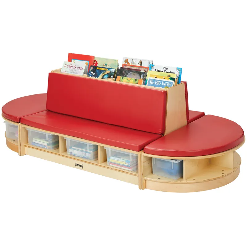 Direct From Manufacturer Jonti-Craft Baltic Birch 37660JC Read-a-Round 79" x 36" x 23 1/2" 3-Piece Wood Couch Set with Padded Red Seating and Clear Tubs / Trays