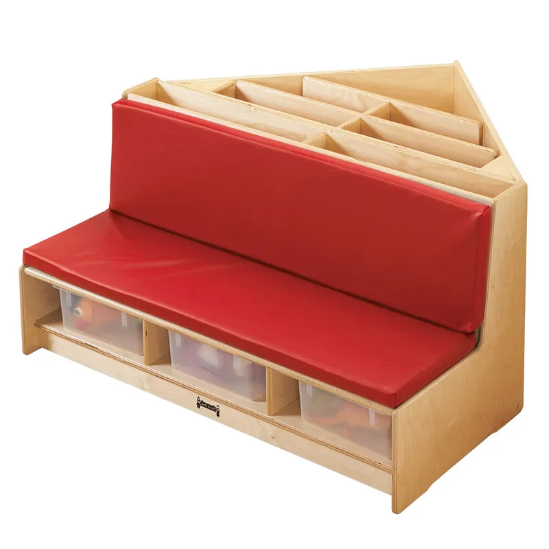 Jonti-Craft Baltic Birch 53410JC 42" x 39 1/2" x 23 1/2" Red Cushion Wood Corner Literacy Nook with Book Display, Storage, and 3 Clear Plastic Tubs Hassle-Free Returns