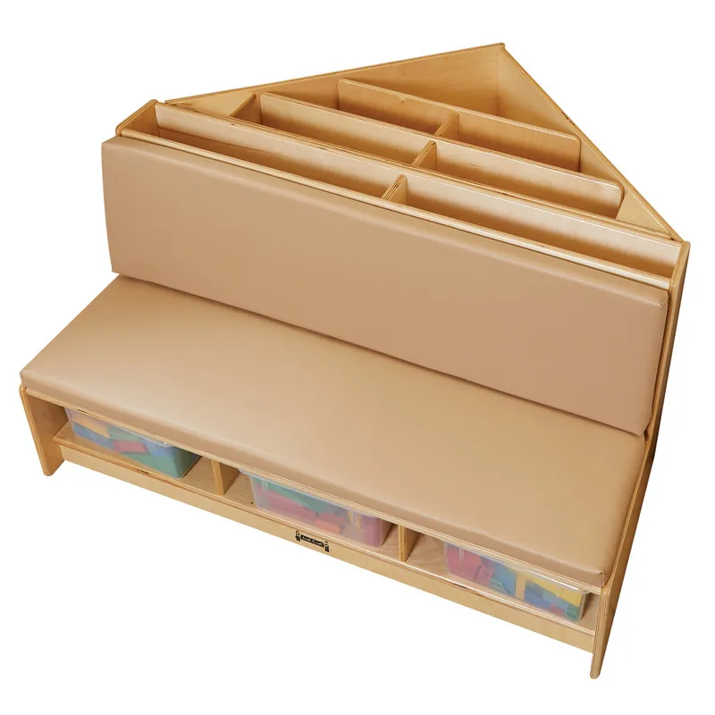 High Quality Jonti-Craft Baltic Birch 53440JC 42" x 39 1/2" x 23 1/2" Wheat Cushion Wood Corner Literacy Nook with Book Display, Storage, and 3 Clear Plastic Tubs