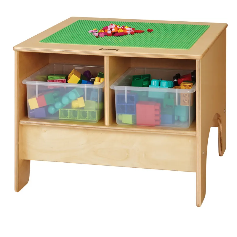 Bulk Order Jonti-Craft Baltic Birch 57440JC 28" x 25" x 19" KYDZ Traditional Brick Building Table with 4 Clear Tubs