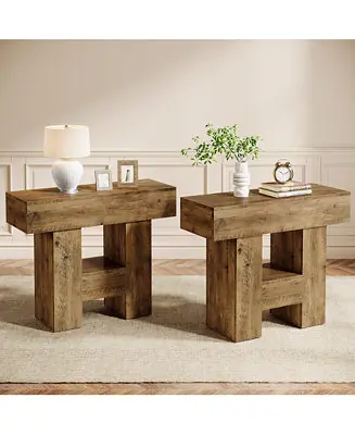 Set of 2 Narrow End Table, Farmhouse Sofa Side Table with 2-Tier Storage Shelf and Heavy Duty Base for Living Room Fresh Stock