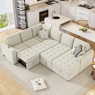 U-Shaped Sofa Bed with Chaise Lounger & Chargers Special Discount