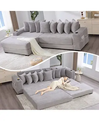 Corduroy L-Shaped Sectional Sofa w/ Ottoman, Pillows & Cup Holders - Light Gray Mega Sale