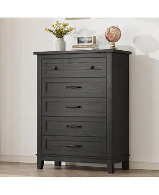 Shop Now 5-Drawer Black Freestanding Wooden Chest, 41.3" Tall, Vertical Dresser for Living Room, Bedroom, Entryway ,measuring 31.5"L x 15.8"W x 41.3"H.