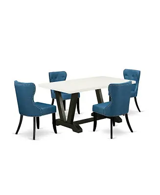 Don’t Miss Out 5-Piece Dining Set – Linen White & Black Table, 4 Blue Linen Parson Chairs with Button Tufted Backs & Nailhead Trim