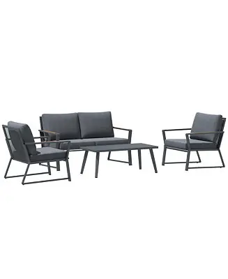 4 Piece Patio Furniture Set, Aluminum Conversation Set, Outdoor Garden Sofa Set with Armchairs, Loveseat, Center Coffee Table and Cushions, Dark Grey High Quality