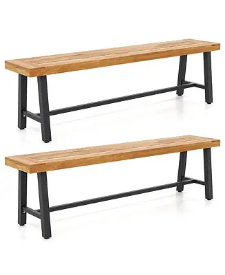 2PCS 63'' Long Outdoor Acacia Wood Bench Seats up to 3 Persons for Garden Porch Low Price