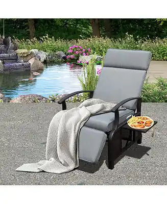 Limited Time Adjustable Patio Recliner Chair Metal Outdoor Lounge Chair with Flip Table Push Back, Adjustable Angle, 6.8'' Removable Cushions, Beige