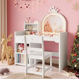 1 Pc Pink Wood 2-in-1 Vanity Set with Lighted Mirror, Chair & Open Bookshelf – Dressing Table Affordable