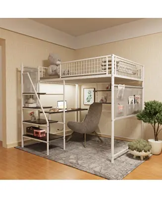 Express Delivery loft metal bed with white for bedroom and dormitory, with built-in charging station and LED lighting