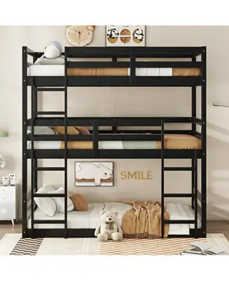 Seasonal Sale Triple Twin Bunk Bed with Built-in Ladders and Guardrails