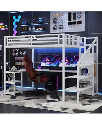 Crafted Loft Bed with Wardrobe, Desk, & LED - White