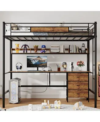 Worldwide Shipping Loft Bed Twin with L-Desk, Charging Station, Drawers & Shelves - Brown