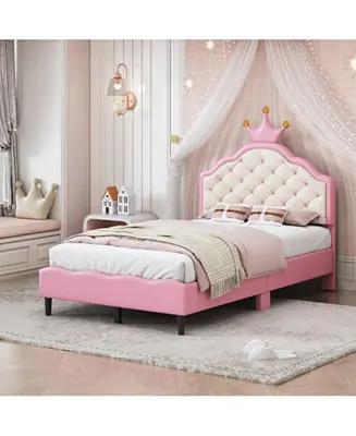Big Sale Twin Size Lovely Crown Fantasy PU Leather Princess Bed with Tufted Headboard, Pink+Cream