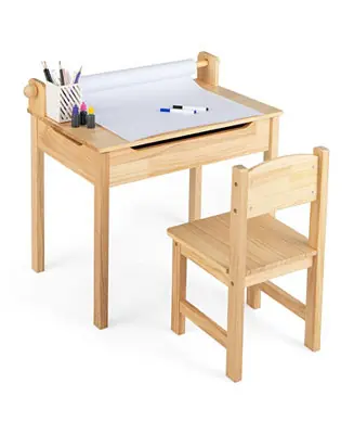 Best Price Toddler Multifunctional Activity Table and Chair Set with Paper Roll Holder-Natural