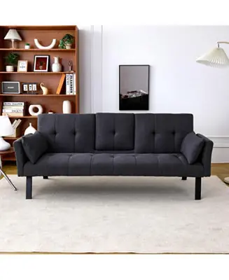 Same Day Shipping 70" Cotton Linen Sofa Bed- Foldable, Cup Holder, Side Storage