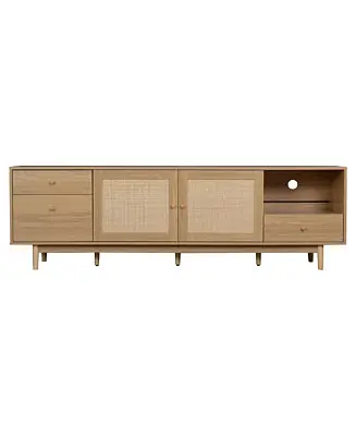 TV Stand for 65 to 85 Inch TV with Open Storage and Drawers, Modern Wood Media Console with Real Rattan Big Sale