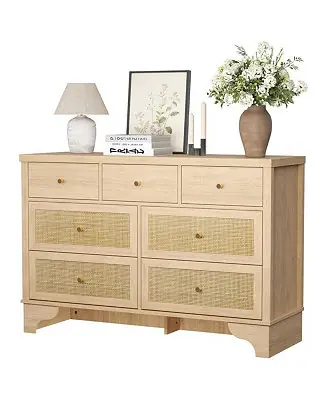 7-Drawer Modern Dresser for Bedroom, Wood Chest with Natural Rattan Fronts, Sturdy Base, Organizer for Living Room, Entryway, Hallway No Minimum Order