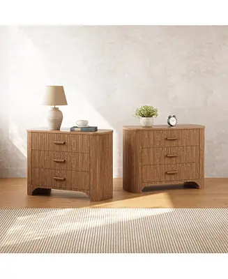 Cheap Large Nightstand with 3 Drawers Set of 2, Mid Century Modern Oversized Bedside Table, Wide Nightstand with Fluted Striped Panel
