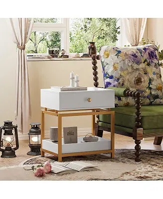 Free Returns Modern Nightstand End Table with Drawer and Open Shelf, 2 Tiers Sofa Side Table for Living Room, Bedroom