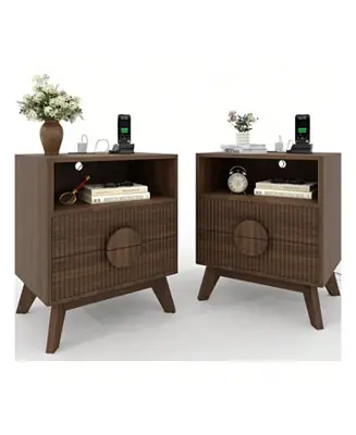 2PCS Fluted Night Stand Wood Tall Nightstands With Charging Station USB Ports And Outlets Nightstand Bedside Table Mega Sale